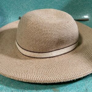 Tan Panama Hat with Wide Brim and White Band